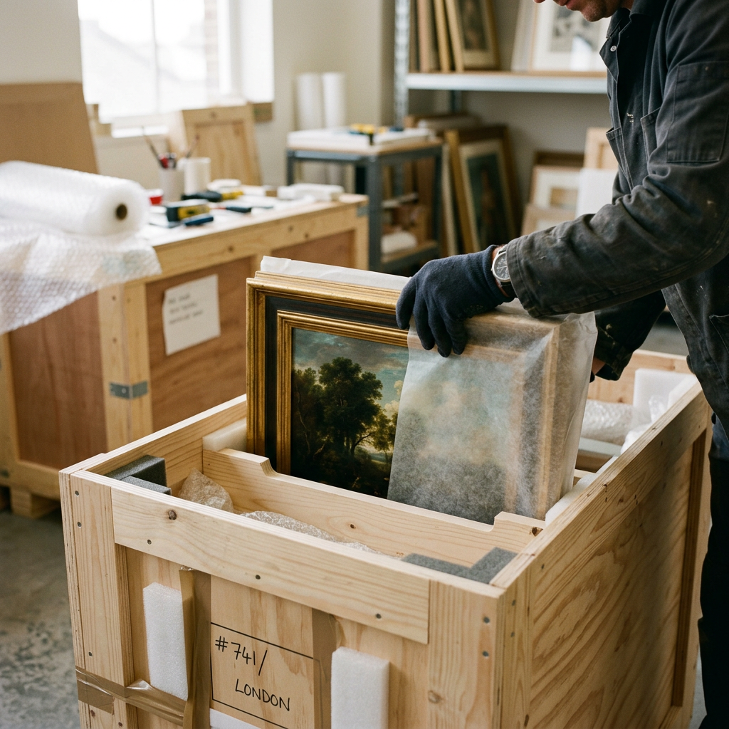 Gloved hands packing a framed painting into a wooden crate